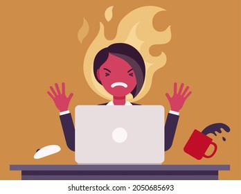 Businesswoman working with laptop flamed in anger. Burnout, office worker losing temper in annoyance, rage, displeasure with work, overworked employee, computer damage or harm. Vector illustration