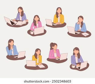 Businesswoman working with laptop illustrations. Flat style design featuring a woman in various work scenarios. Perfect for depicting professional work, business presentations, and online content.