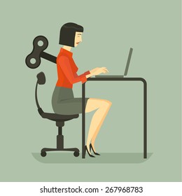 Businesswoman working a laptop keyboard with wind up key boring job. Vector, Illustration.