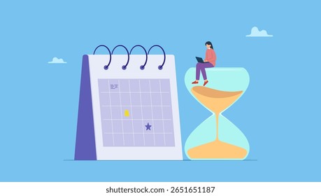 Businesswoman working with laptop on sandglass and calendar date. Symbolizes deadline to finish work, time countdown to launch date, reminder or planner, organize work or project management.