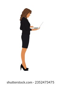 Businesswoman working at laptop. Pretty woman wearing formal office suit and high heels standing with computer side view. Vector realistic illustration isolated on white background