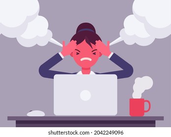 Businesswoman working with laptop steam coming out of ears, angry. Red faced office worker losing temper in annoyance, rage, displeasure with computer work, overworked employee. Vector illustration