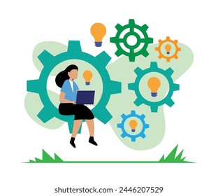 Businesswoman working like a machine on laptop computer while sitting in cogwheel 2d flat vector illustration
