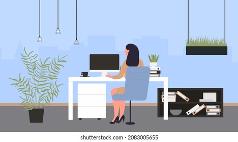 Businesswoman working in modern office interior, back view vector illustration. Cartoon woman employee character sitting at computer to work, workplace with desk, green plants, shelves background