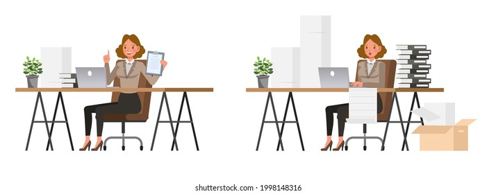 Businesswoman working in office character vector design. Presentation in various action.