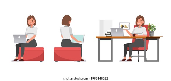 Businesswoman working in office character vector design. Presentation in various action.