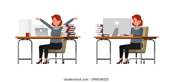 Businesswoman working in office character vector design. Presentation in various action.