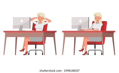 Businesswoman working in office character vector design. Presentation in various action.