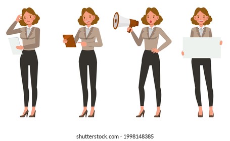 Businesswoman working in office character vector design. Presentation in various action.