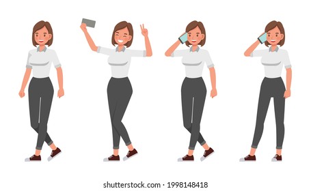 Businesswoman working in office character vector design. Presentation in various action.