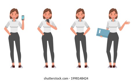 Businesswoman working in office character vector design. Presentation in various action.