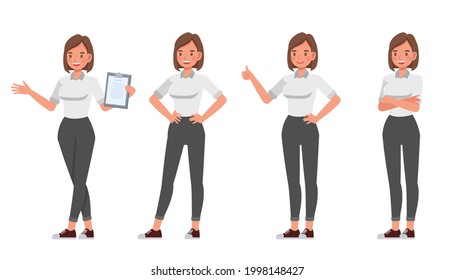 Businesswoman working in office character vector design. Presentation in various action.