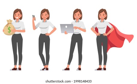 Businesswoman working in office character vector design. Presentation in various action.