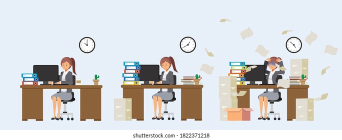 Businesswoman is working in office, overloaded with work and overworked. Set