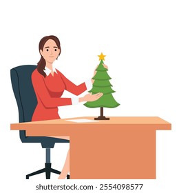 Businesswoman working in office with small christmas tree on her desk. Flat vector illustration isolated on white background