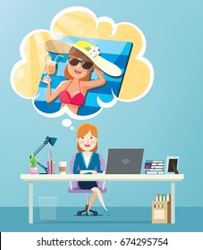 Businesswoman working in office and thinking about her summer vacation holidays travel in a sun hat and bikini, sunbathe at the beach. Vector illustration