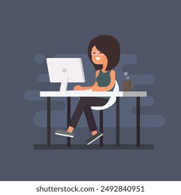 Businesswoman working at office vector flat design. Businesswoman working on laptop.