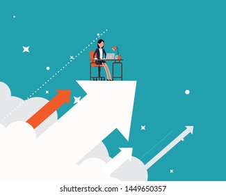 Businesswoman working on the arrow and upwards. Vector illustration business growth and success concept, Achievement, Happy flat cartoon style design