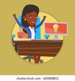 Businesswoman working on computer on a new business idea. Businesswoman having a business idea. Successful business idea concept. Vector flat design illustration in the circle isolated on background