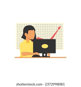 Businesswoman working on computer in office. Vector illustration in flat style for business and finance conceptual design