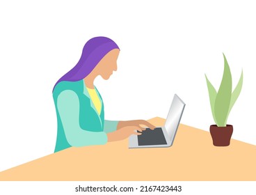 Businesswoman working on desk with laptop over white background ,vector cartoon flat design