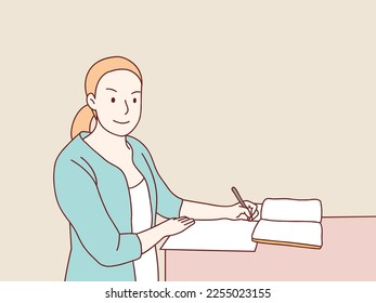businesswoman working on desk and taking notes In office simple korean style illustration