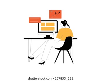 Businesswoman is working on her computer, she is also monitoring the money coming in.
design, vector, illustration