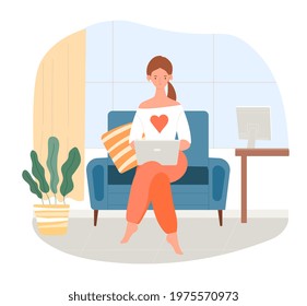 Businesswoman is working on her laptop at home remotely. Relaxed female character is sitting in armchair with laptop working from the comfort of her home. Flat cartoon vector illustration