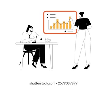 Businesswoman is working on her laptop and her female friend is looking at a large screen that displays some data analysis.
design, vector, illustration