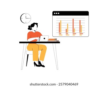 Businesswoman working on her laptop, she is working on some projects.
design, vector, illustration