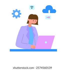 businesswoman working on laptop with cloud computing, security, and network connection icons flat vector illustration