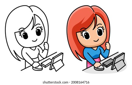 businesswoman working on laptop coloring page for kids