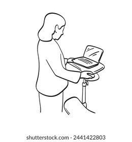 businesswoman working on laptop computer on small desk illustration vector hand drawn isolated on white background