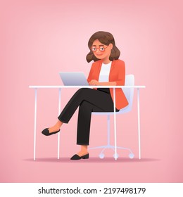 Businesswoman working on a laptop at desk. Computer work. Vector illustration in cartoon style