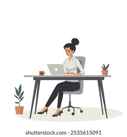 businesswoman working on a laptop at a desk. She is seated in a modern office chair, with plants and a coffee cup on the desk. Ideal for remote work, office, or productivity-themed designs.