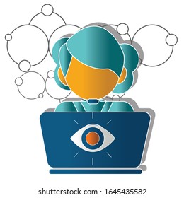 Businesswoman working on laptop icon concept on white background. Creative idea design. Flat vector illustration for template, brochure or presentation.