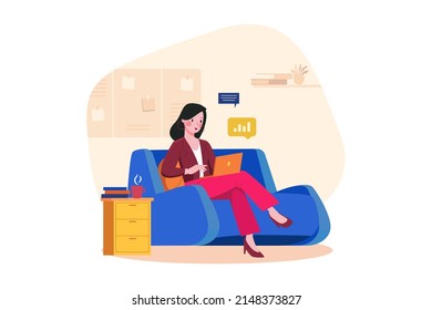 Businesswoman working on a laptop Illustration concept. Flat illustration isolated on white background
