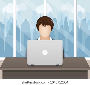 Businesswoman working on laptop in an office on a cityscape background. Vector illustration