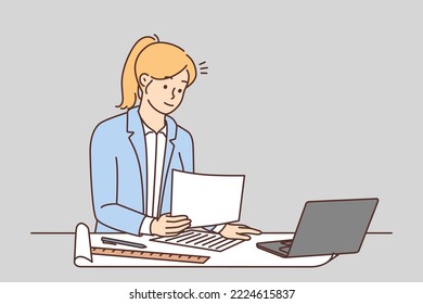 Businesswoman working on laptop in office. Female architect or engineer developing blueprint busy on computer. Vector illustration. 
