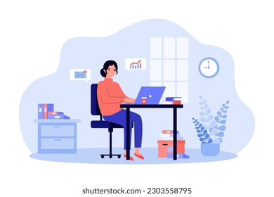 Businesswoman working on laptop in office vector illustration. Cartoon drawing of happy busy woman analyzing financial charts and responding to e-mails. Business, workplace, occupation concept