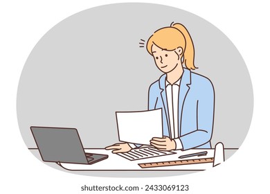 Businesswoman working on laptop in office. Female architect or engineer developing blueprint busy on computer. Vector illustration.