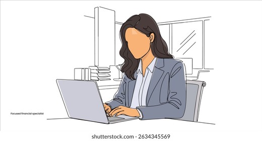 businesswoman working on laptop pc sitting at desk in modern office continuous single line art drawing sketch on white background	