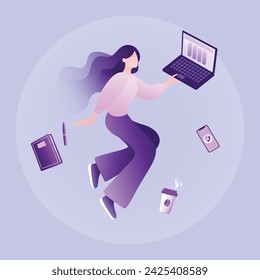 businesswoman working on a laptop on a purple background. multitasking while working