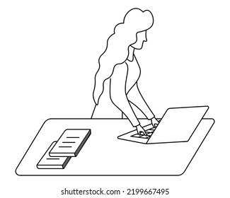 Businesswoman is working on a laptop. Sketch. Vector illustration. The student approaches the table on which the books lie. Hairstyle long curls. Doodle style. Outline on isolated background. 