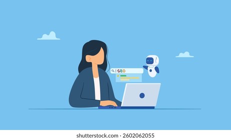 Businesswoman working on laptop using artificial intelligence generative tools for searching or browsing internet. Integrating with robot. SEO concept