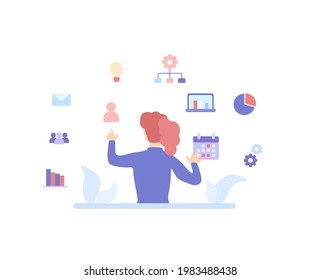 Businesswoman is working on a project. Business and business women concept. Business icons. Time management illustration. Flat vector illustration for presentations, web, banner