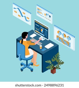 A businesswoman is working online from her home office, utilizing a computer to access a web-based dashboard displaying data analysis graphs on the monitor. isometric Vector illustration eps10