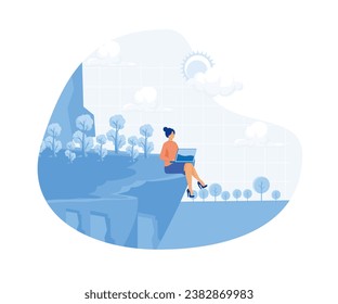 Businesswoman working outdoors, person using laptop computer outside in nature. Work from anywhere.  flat vector modern illustration 