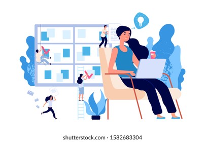 Businesswoman working. Self management, brainstorm vector concept. Business environment with flat tiny people characters