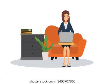 Businesswoman working at sofa with a laptop. Character people in job.